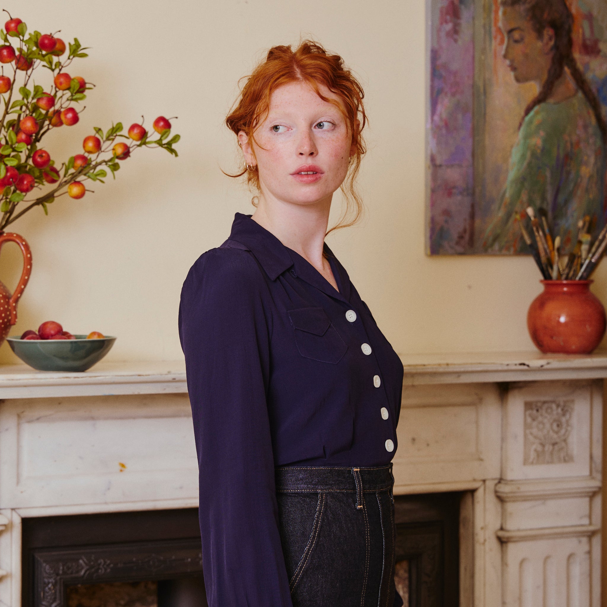 1940's Long Sleeve Blouse - Navy