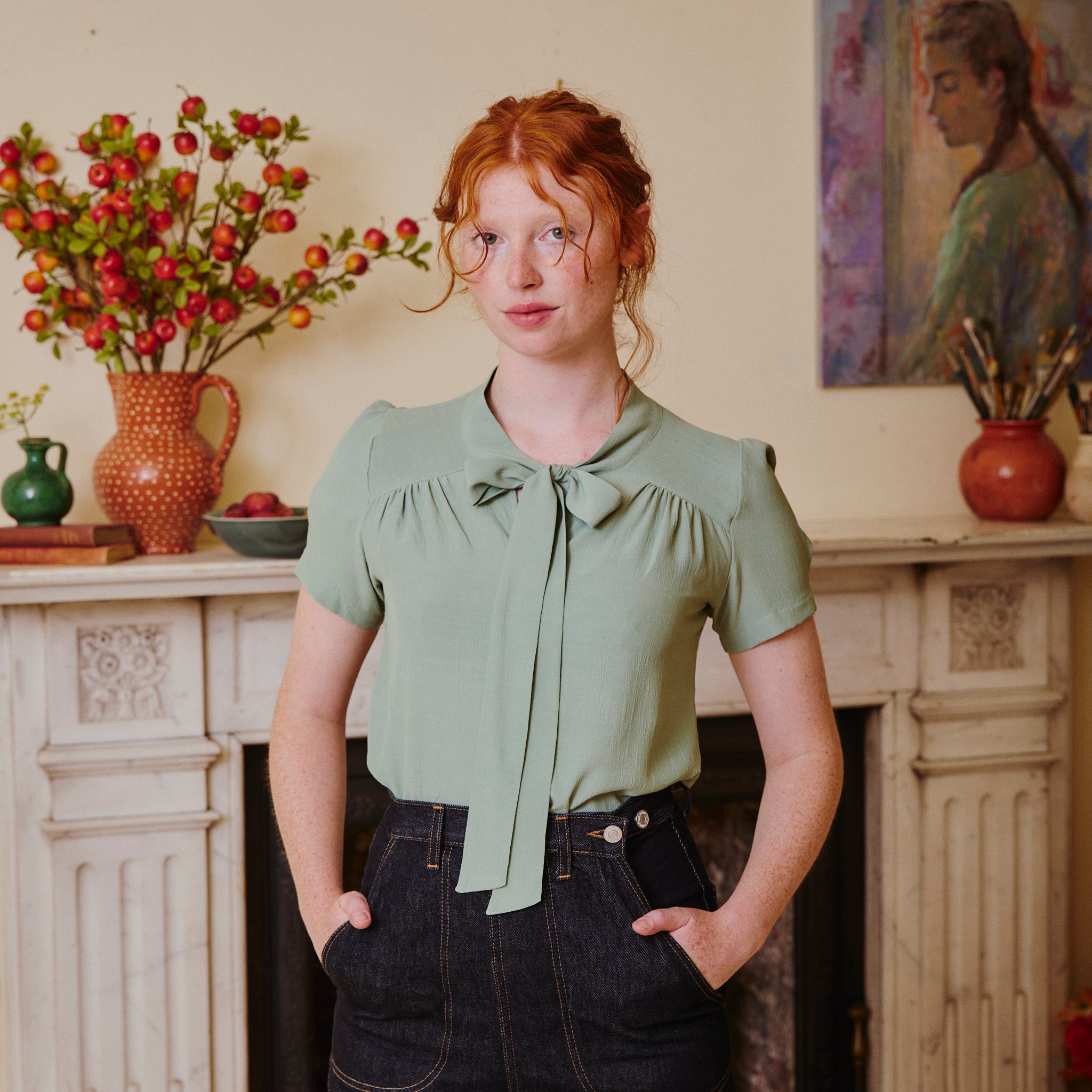 Vintage Beau Blouse with Pussy Bow - Duck Egg