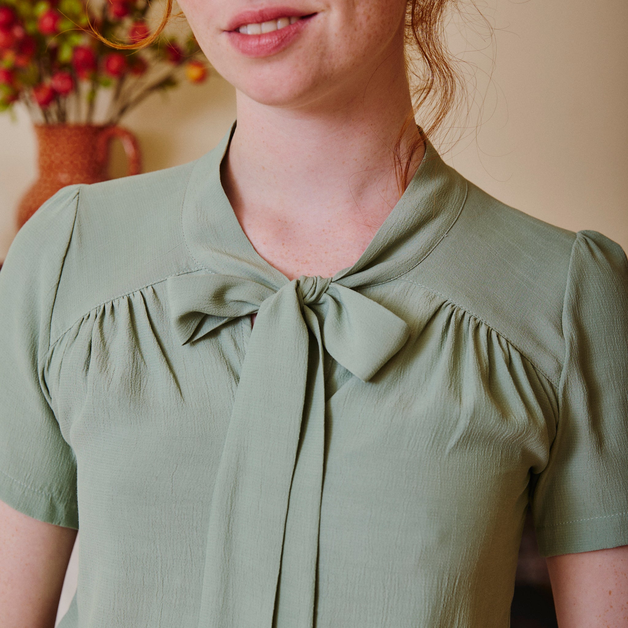 Vintage Beau Blouse with Pussy Bow - Duck Egg