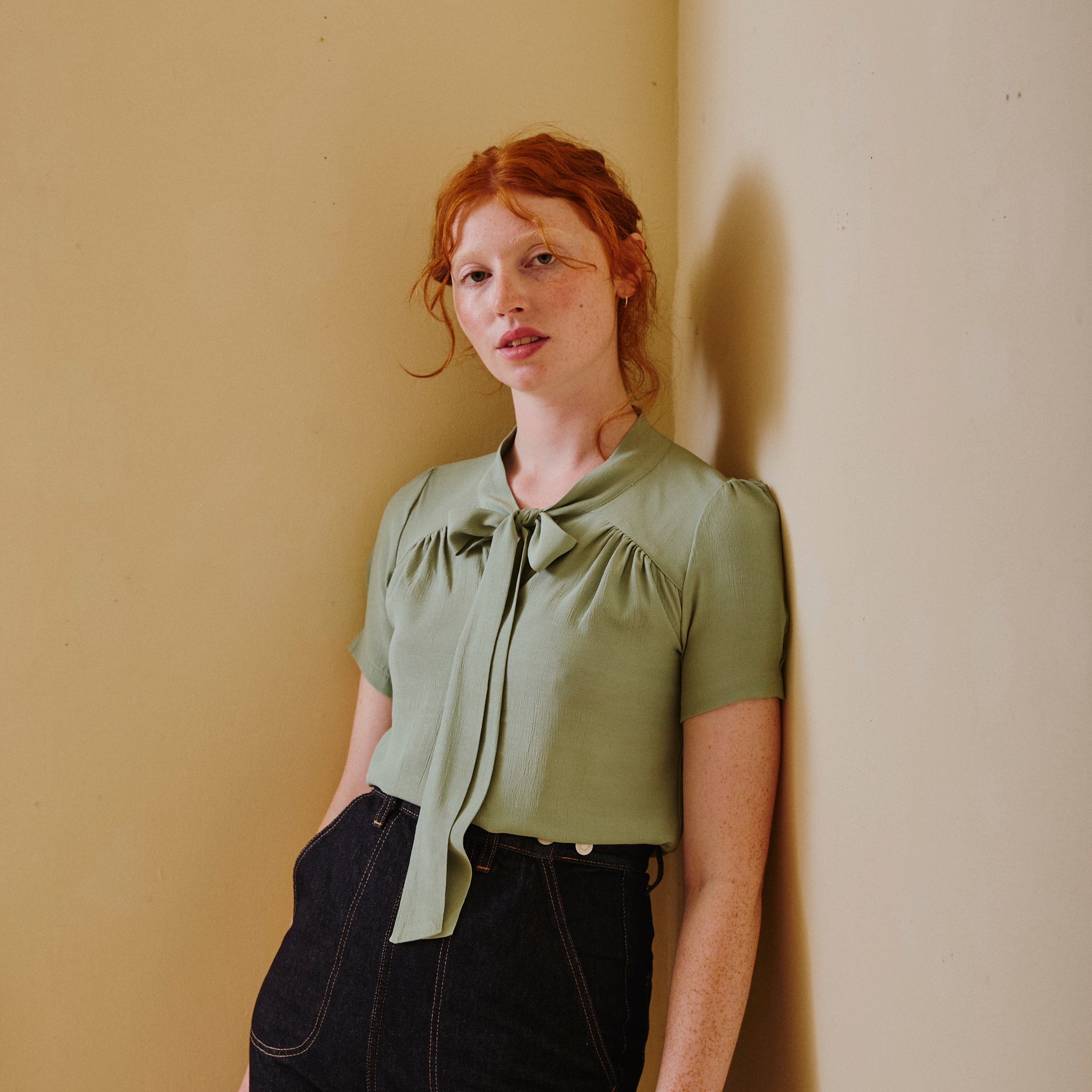 Vintage Beau Blouse with Pussy Bow - Duck Egg