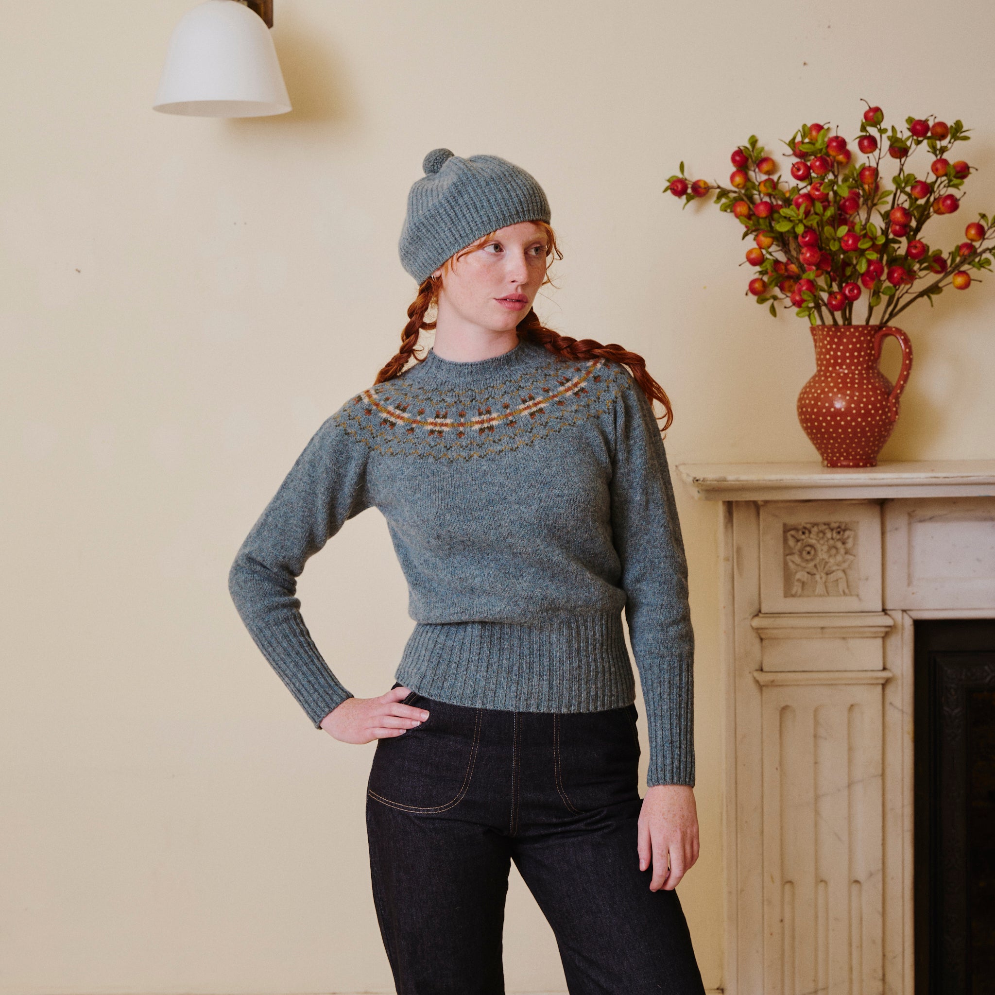 Ribbed Beret with Pom Pom - Dusty Teal