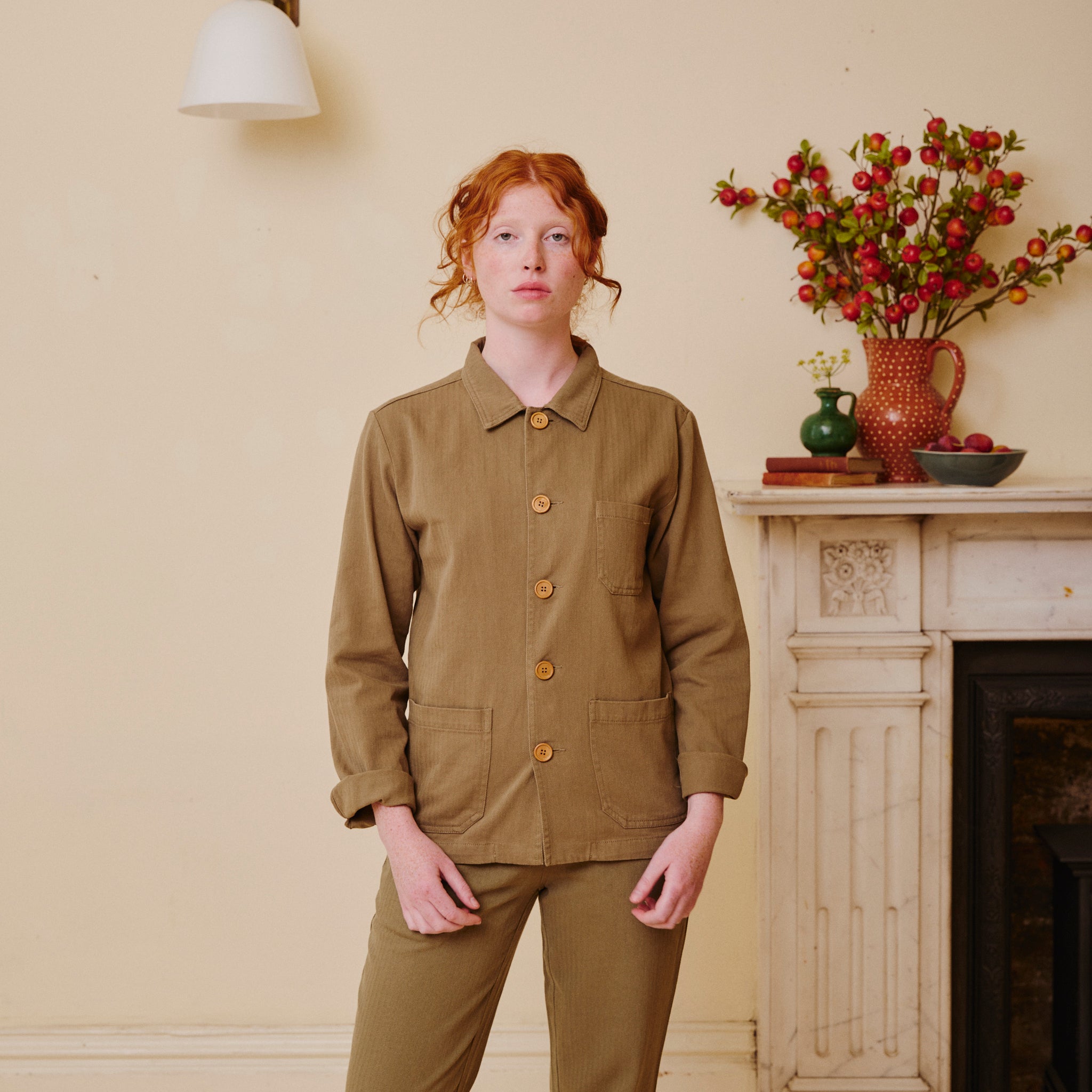 Unisex Herringbone Chore Jacket - Olive