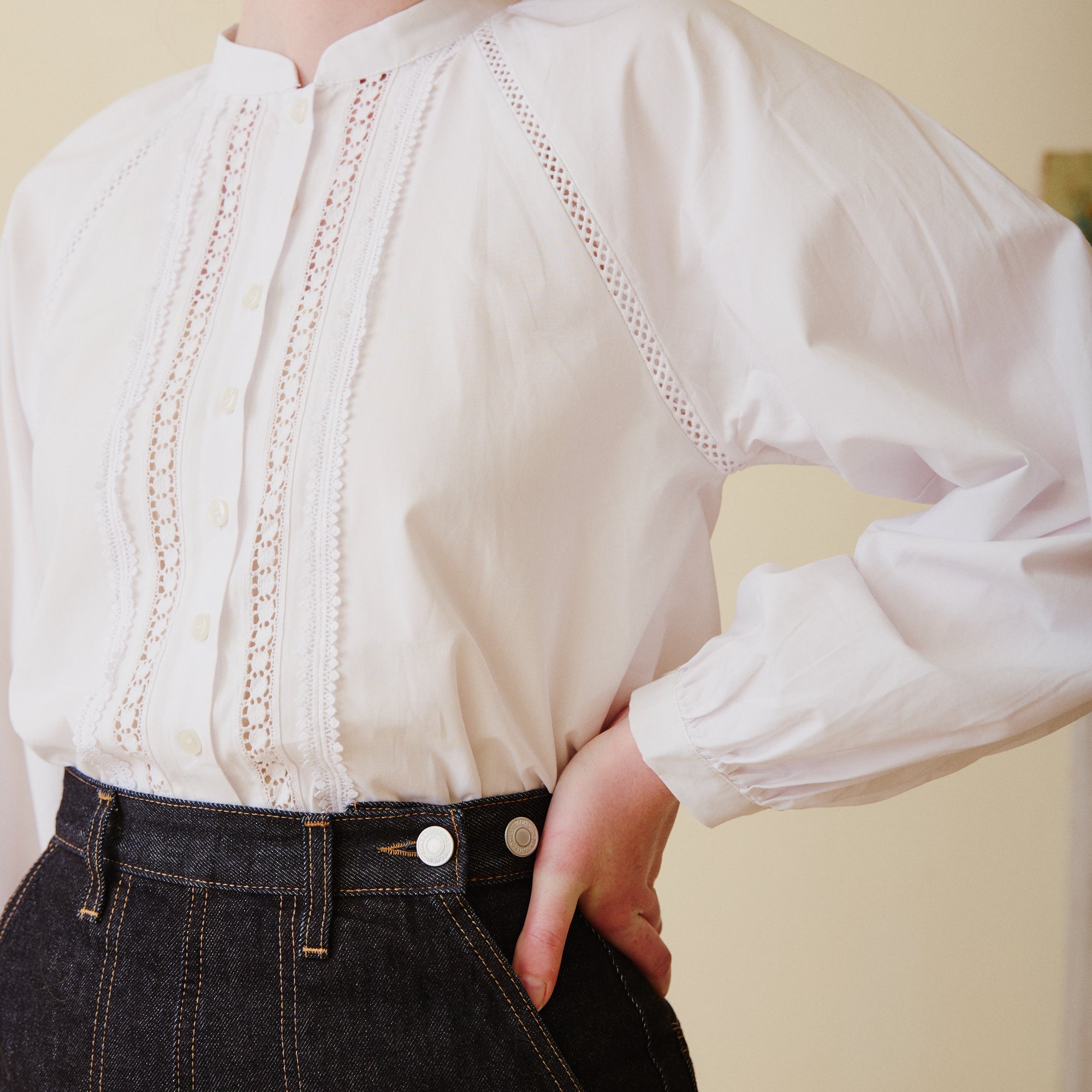 Collarless White Blouse with Lace Trim