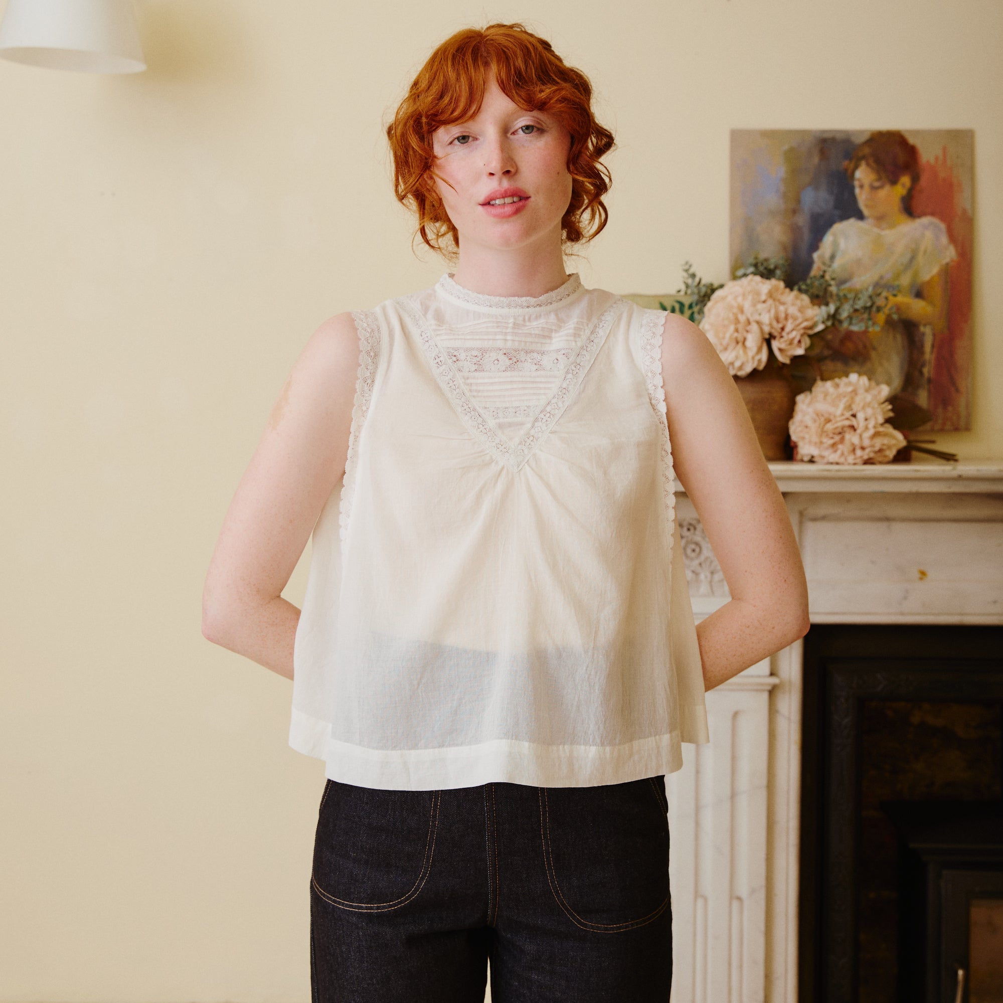 Sleeveless Lace Top - Frill Neck