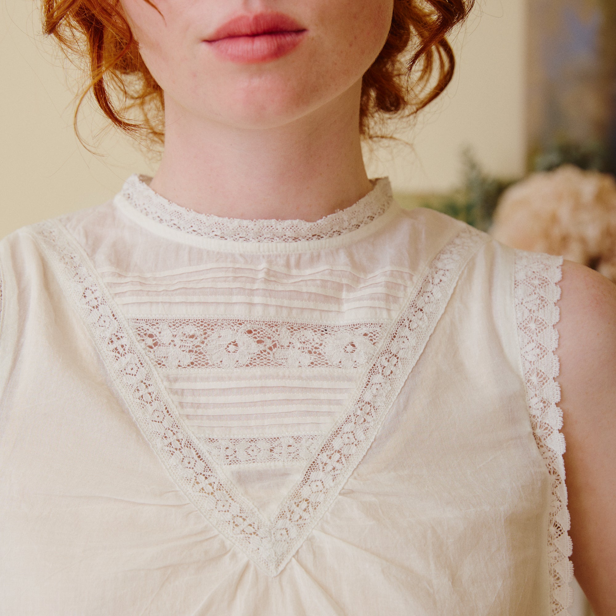 Sleeveless Lace Top - Frill Neck