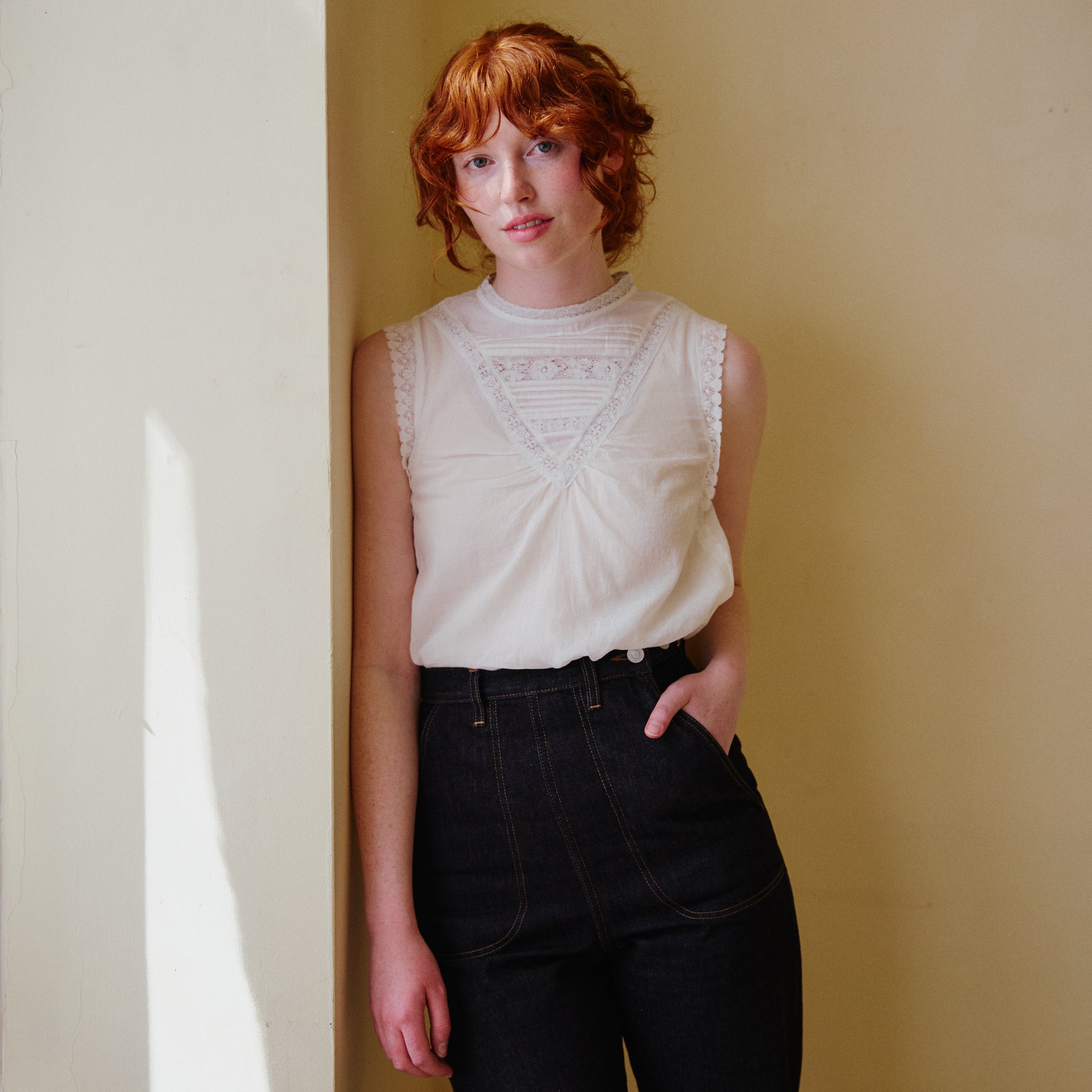 Sleeveless Lace Top - Frill Neck