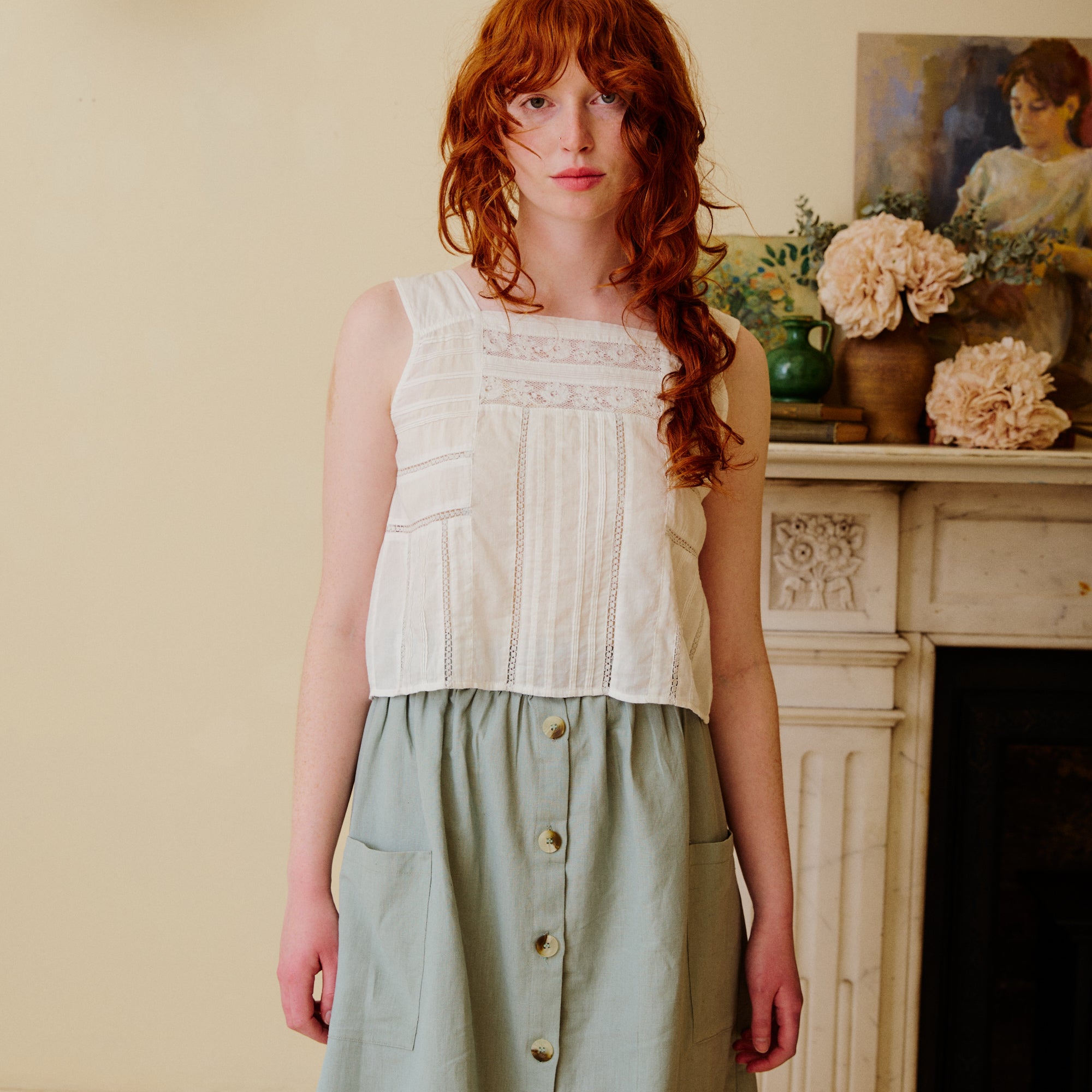 White cotton lace panel top, sleeveless