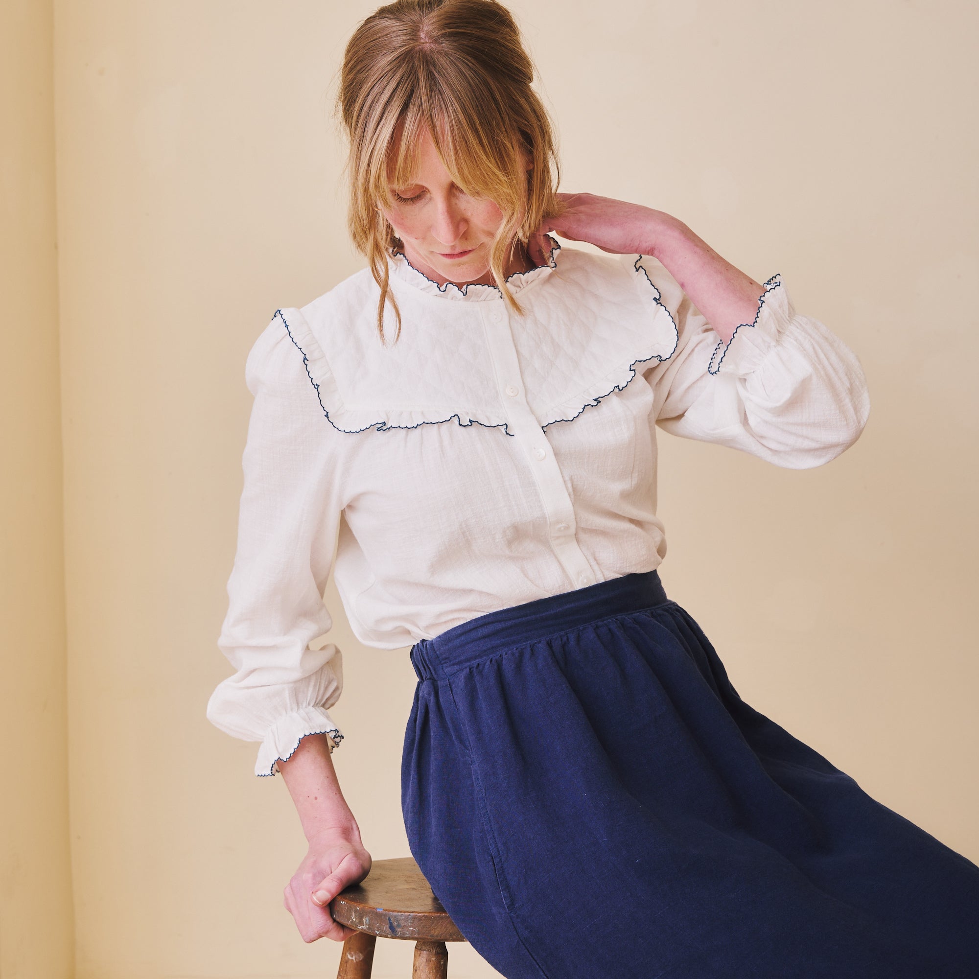 Florie Blouse - Blue Scalloped Trim