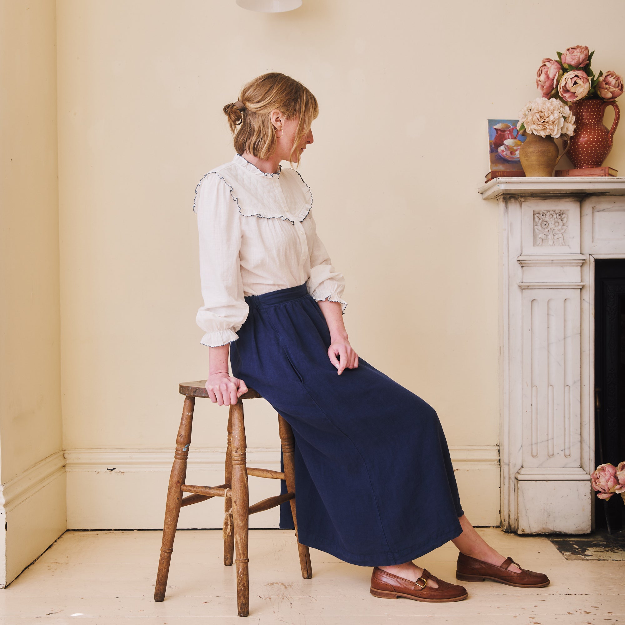 Florie Blouse - Blue Scalloped Trim