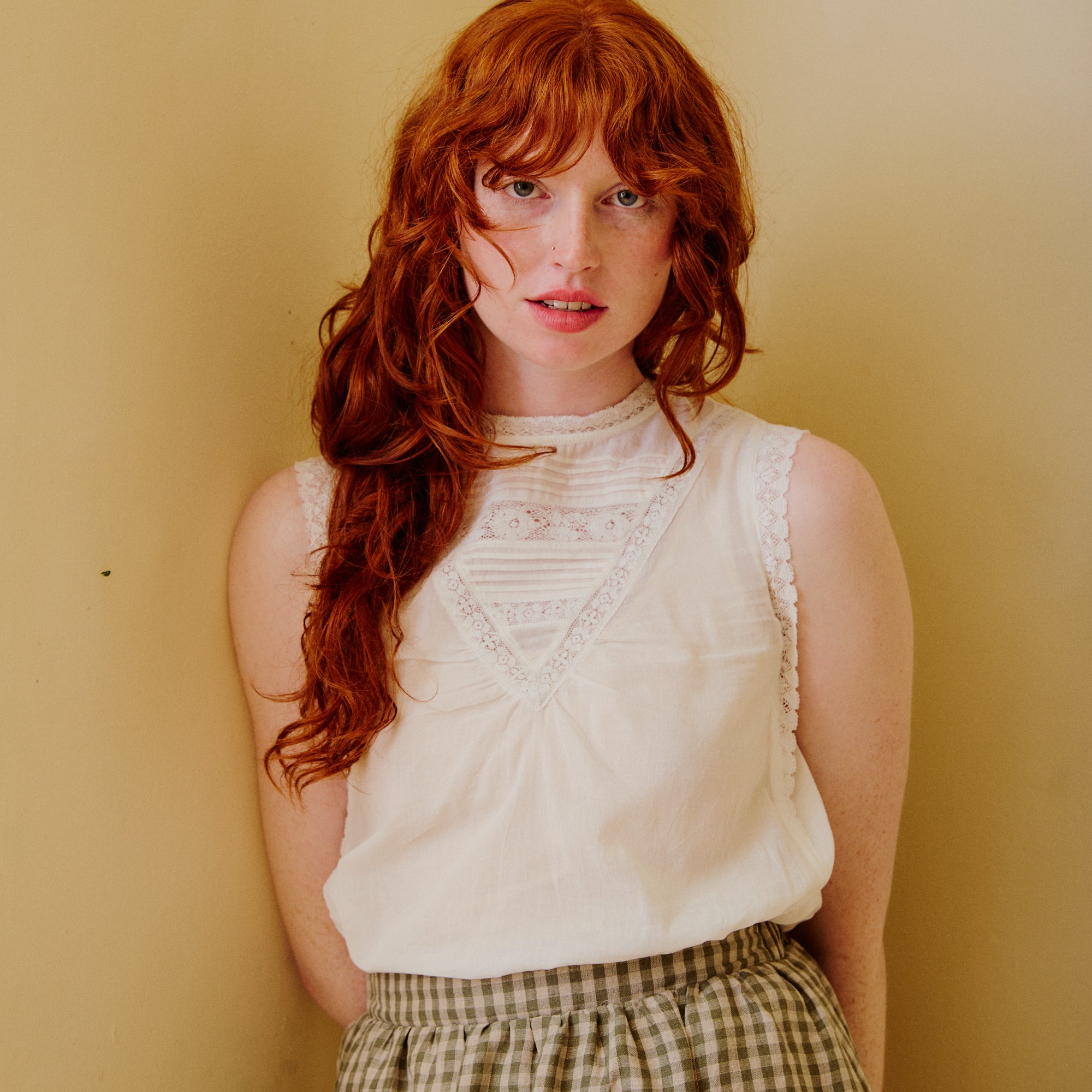 Sleeveless Lace Top - Frill Neck