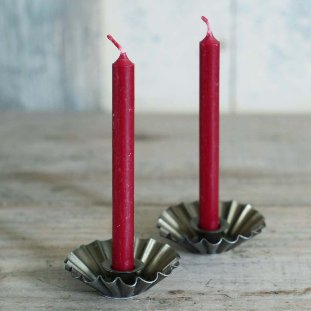 Antique Brass Candle Holders with red candles - Scalloped Edge