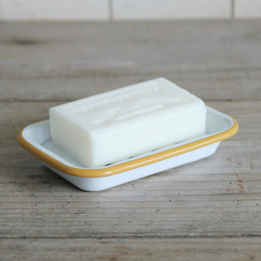 White Enamel Soap Dish - Mustard Rim with holes