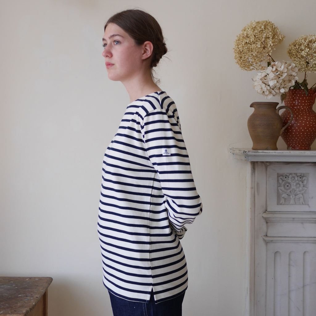 Breton top by Mousqueton on woman in cream and navy 