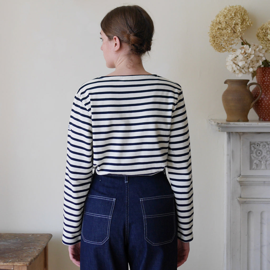 Breton top by Mousqueton in cream and navy stripes with jeans