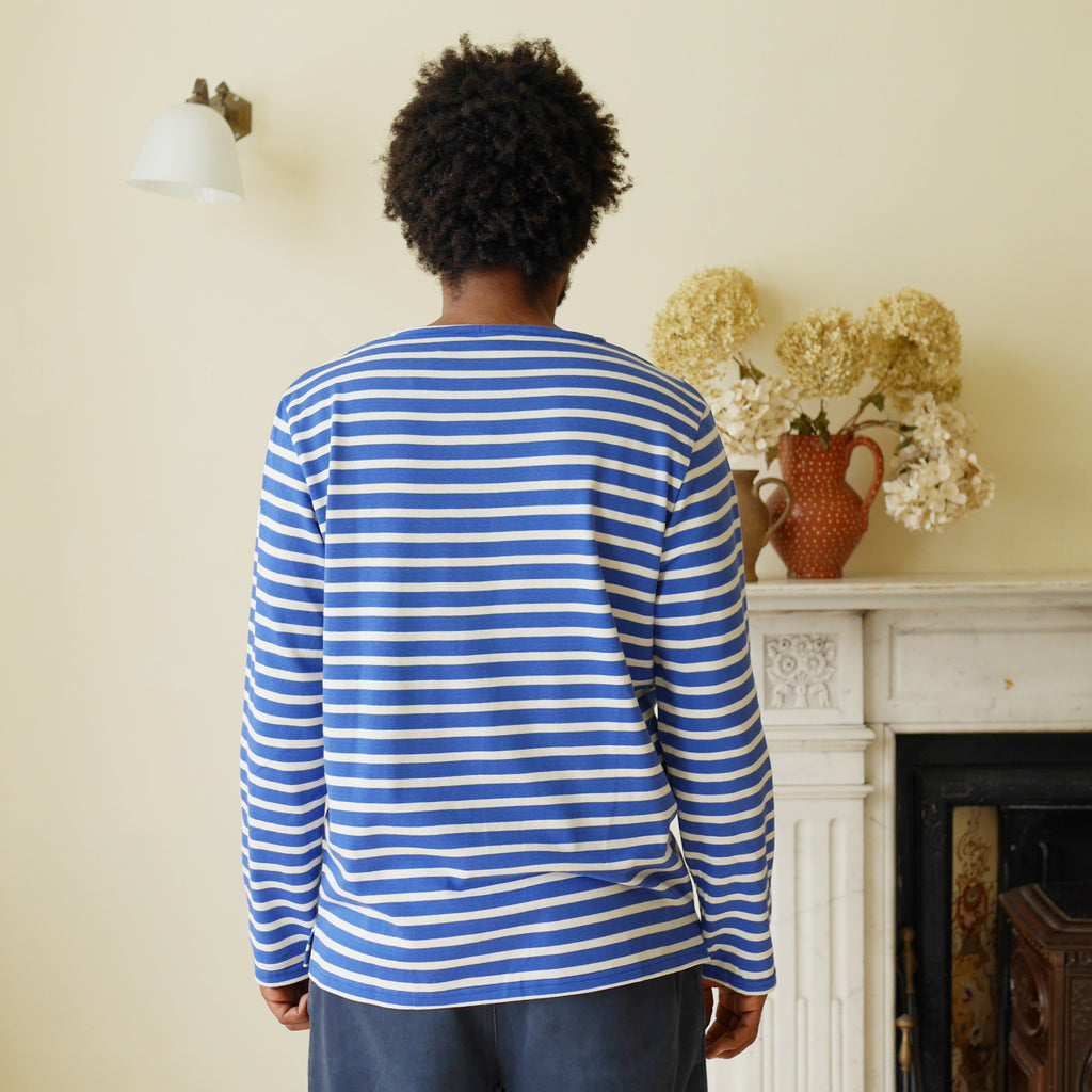 Breton top by Mousqueton on man - french blue and cream - back view