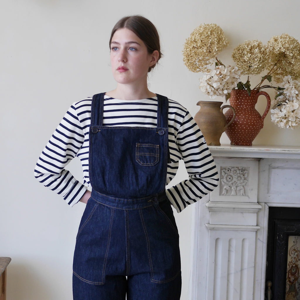 Breton top by Mousqueton in cream and navy stripes with dungarees