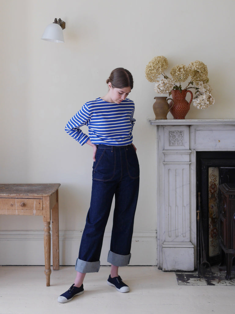 Breton top by Mousqueton with jeans - french blue and cream colour