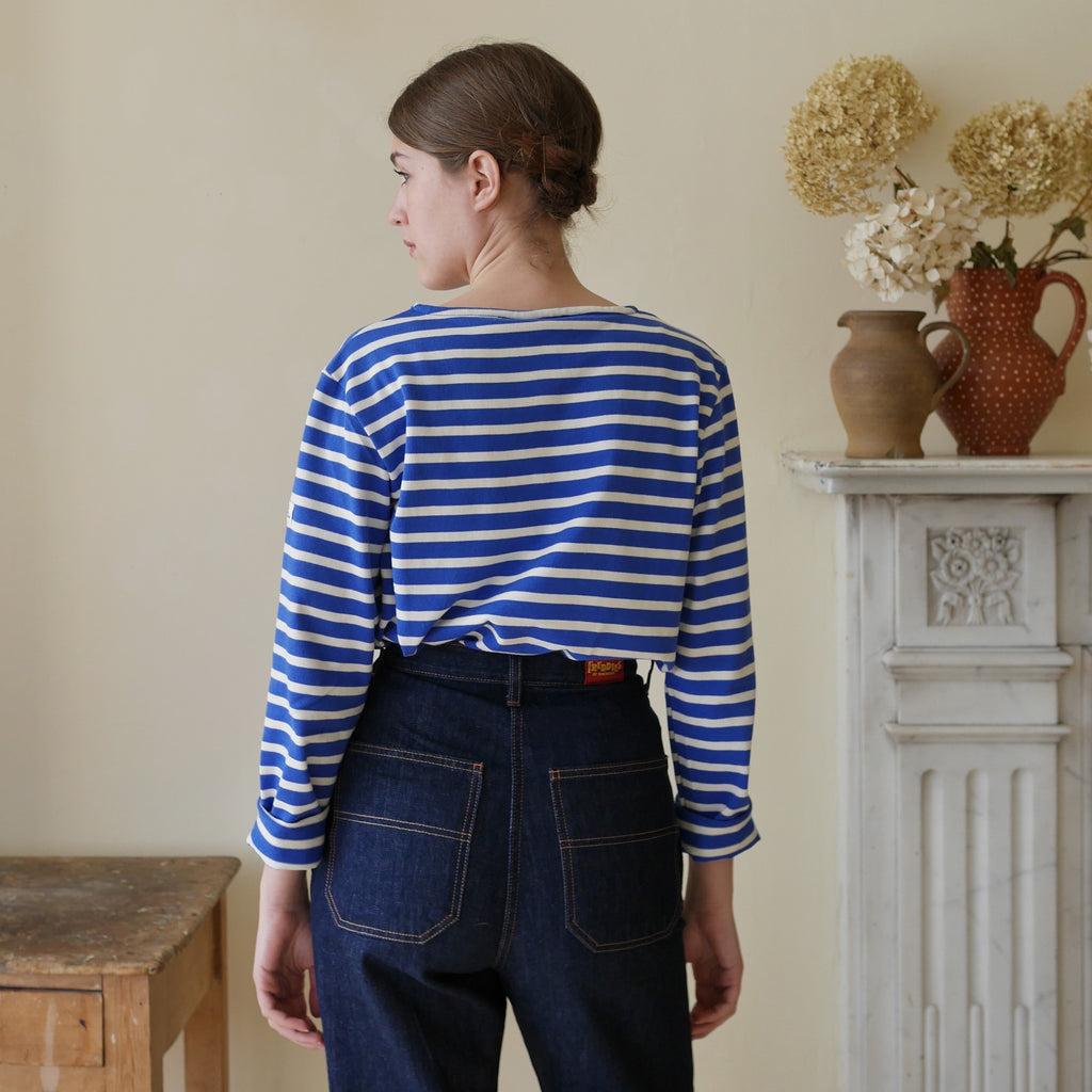 Breton top by Mousqueton back view in french blue and cream colours