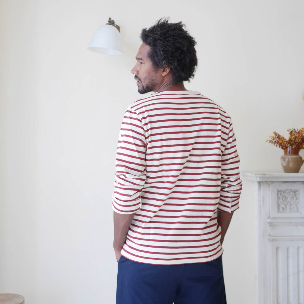 Breton top by Mousqueton on man back view in cream and brick colour