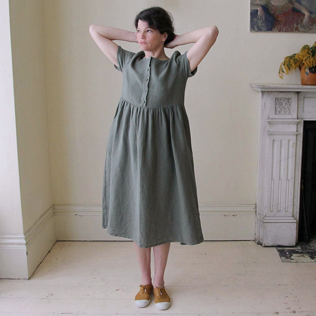 Handmade front button linen dress in Olive Green