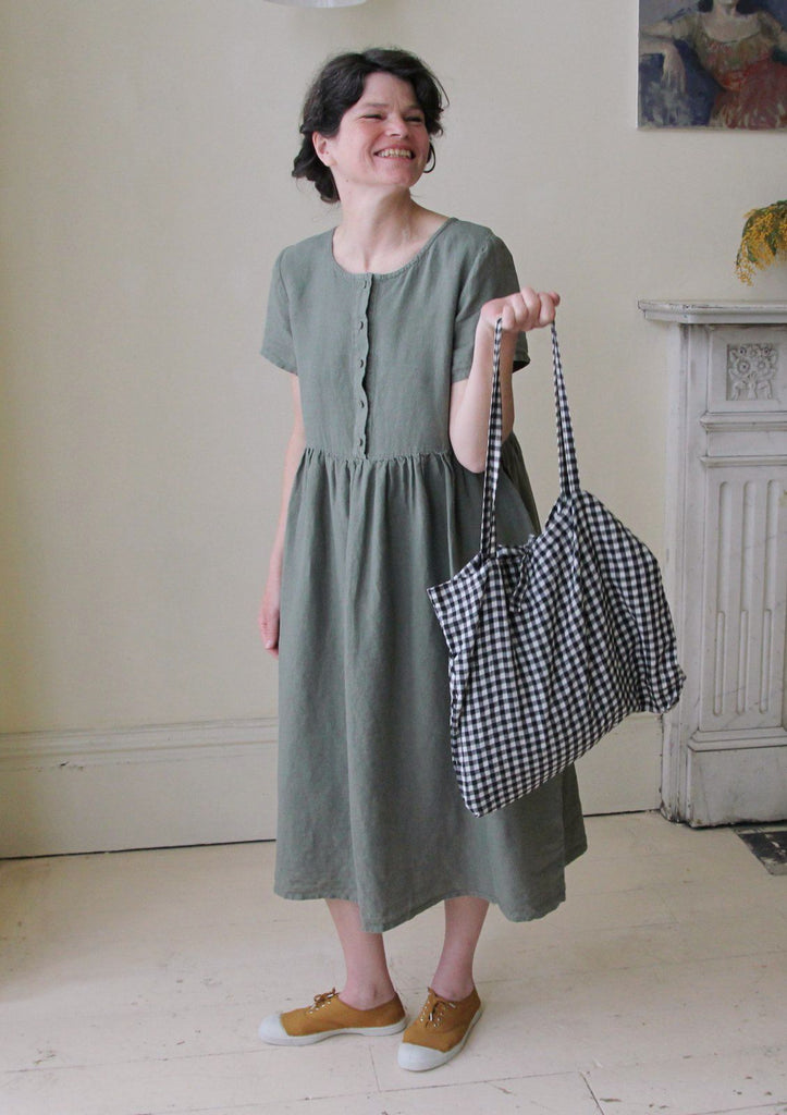 Handmade front button linen dress in Olive Green with gingham tote bag