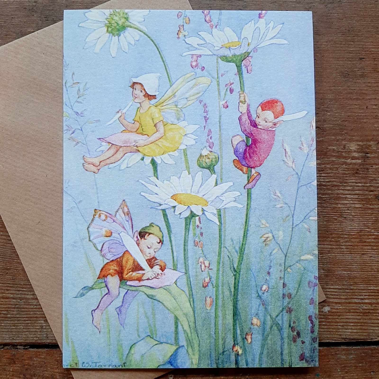 vintage vintage card by Margaret Tarrant with daisy fairies