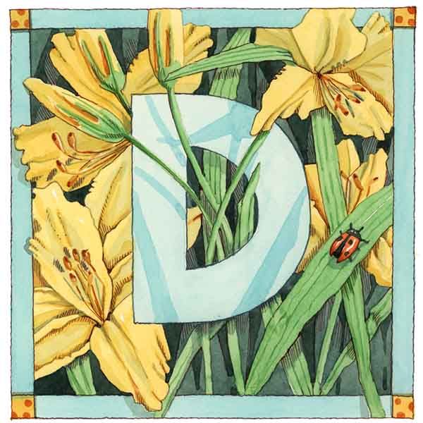 Vintage Card with Botanical Alphabet letter D
