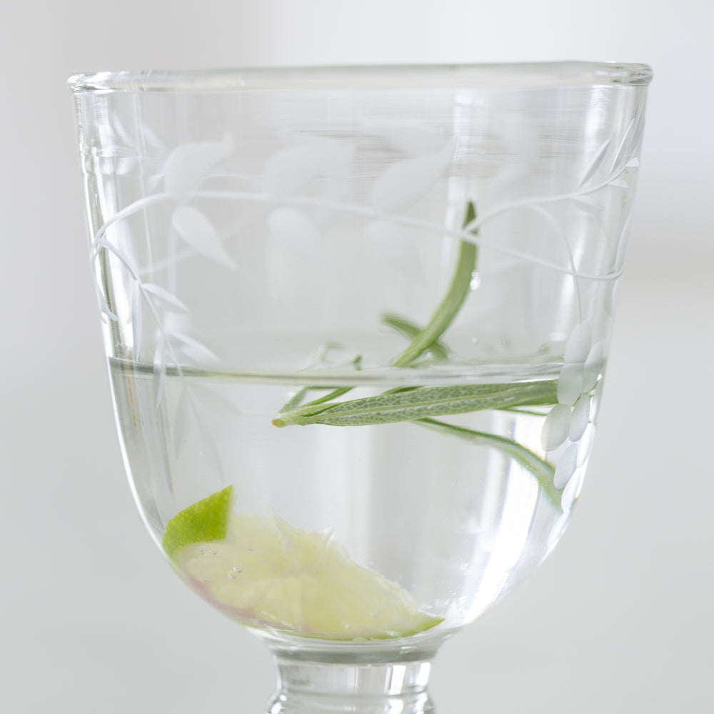 Vintage Glassware - Elegant vintage style wine glass, hand blown and etched with a delicate pattern of rambling vine leaves.