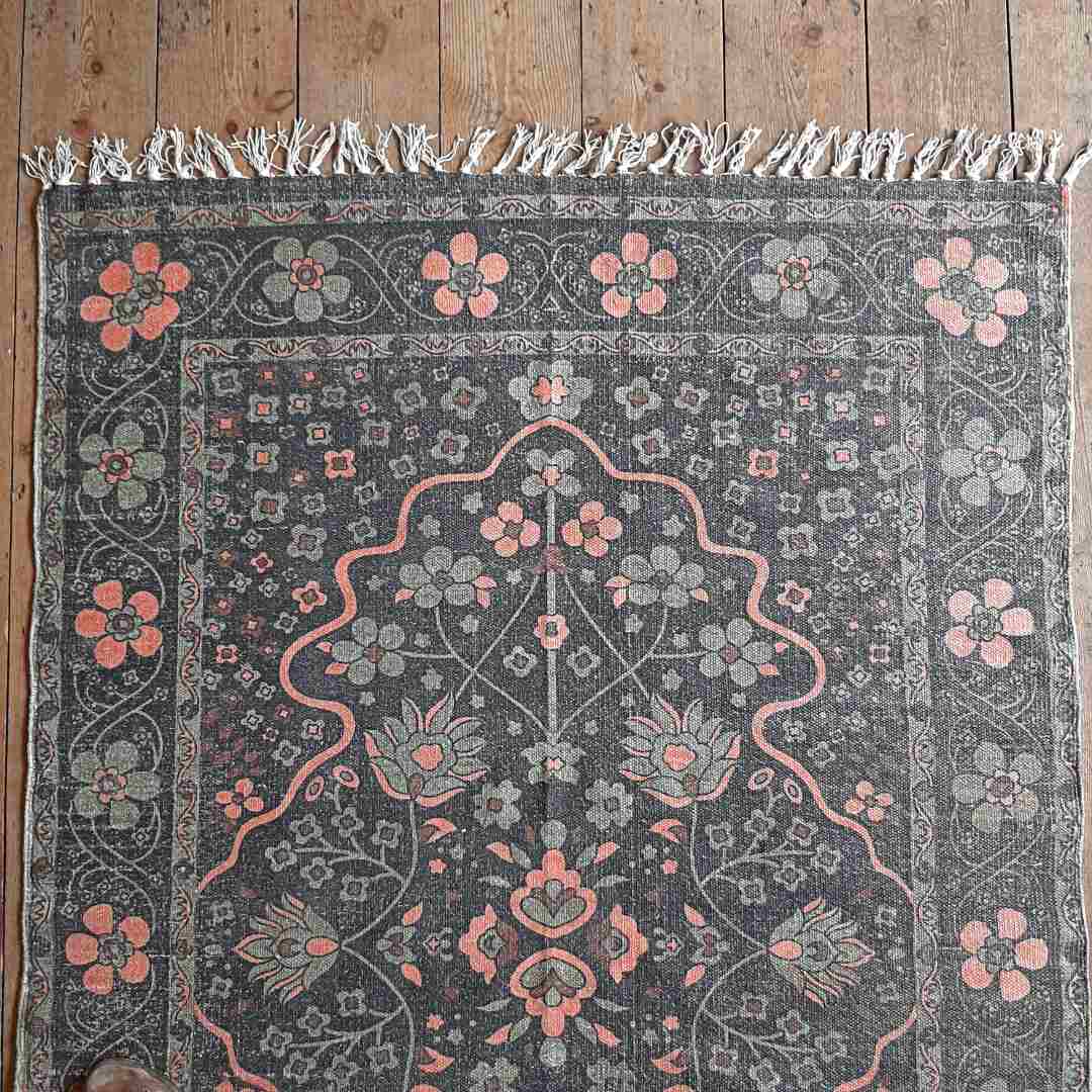 Handwoven Rug, Black Floral