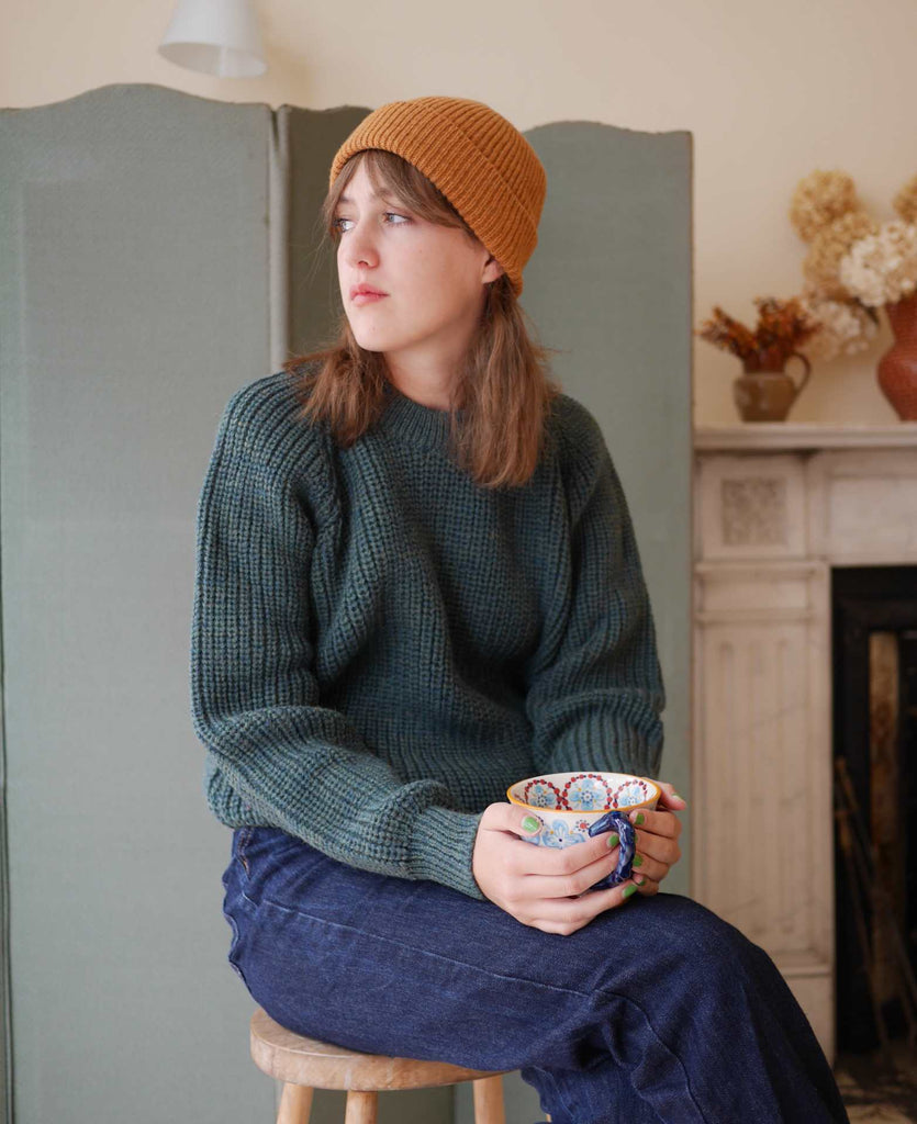 Unisex Fisherman's Jumper with mustard wool ribbed hat