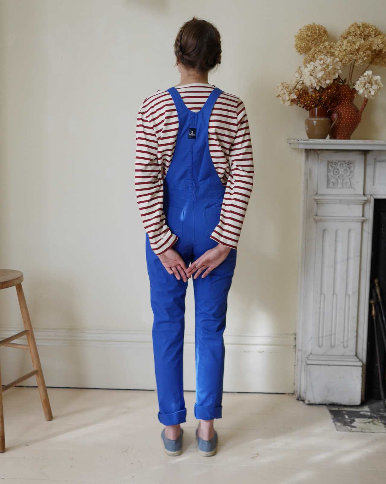 womens cotton dungarees in french blue back