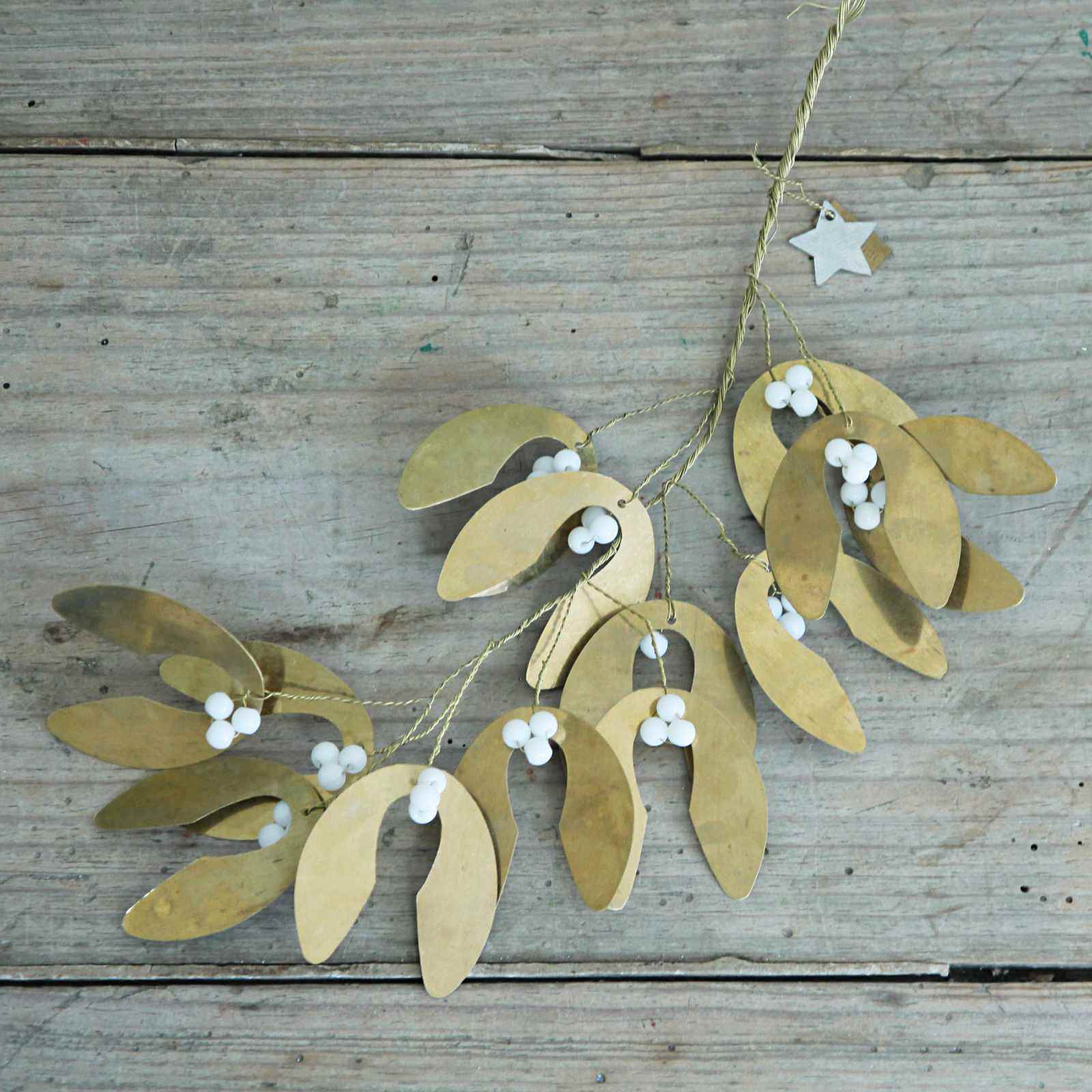 Large Gold Mistletoe & White Beads, beautiful vintage hanging Christmas decoration
