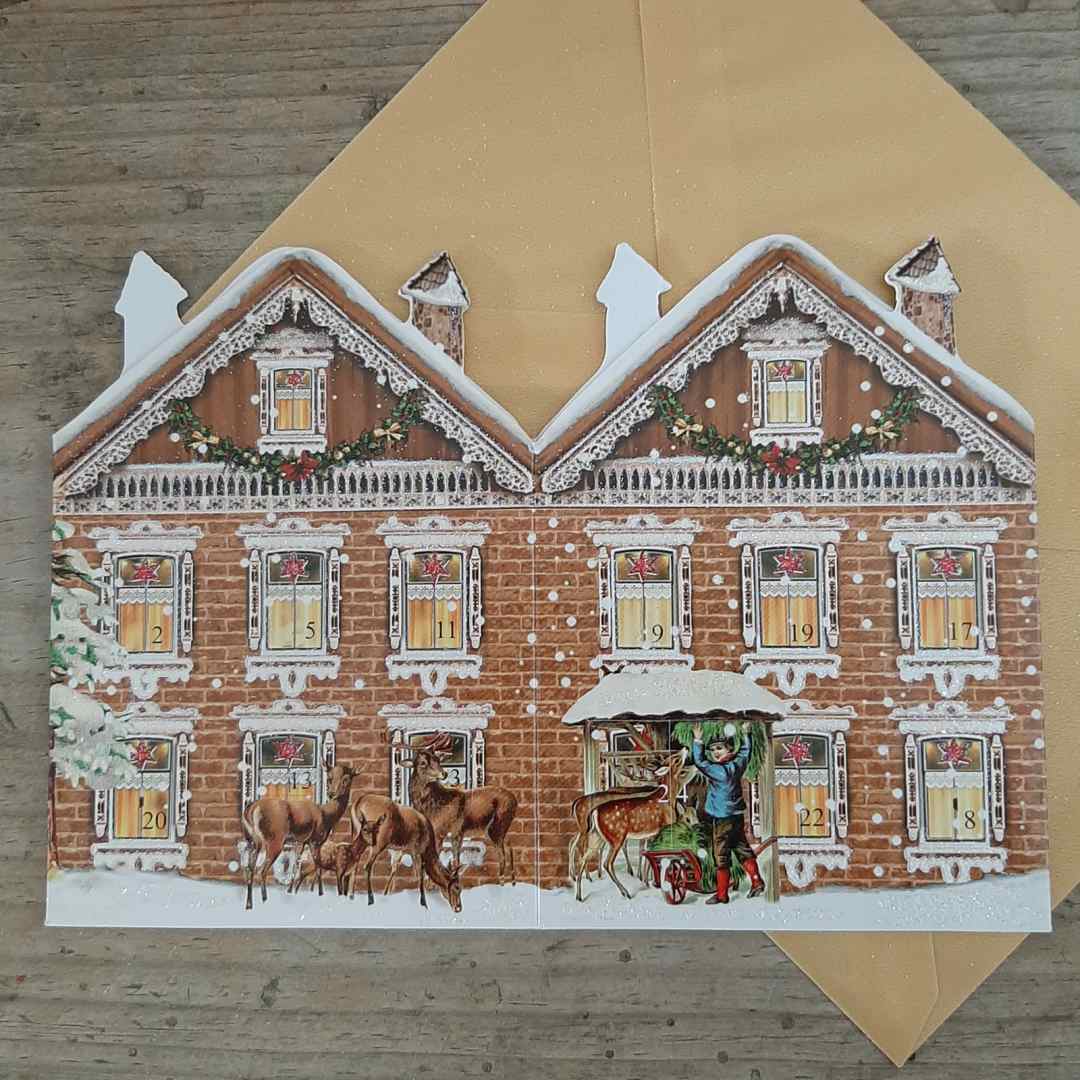 Mini Advent Lantern - Victorian House. Traditional German Advent Calendar Lantern with gold envelope