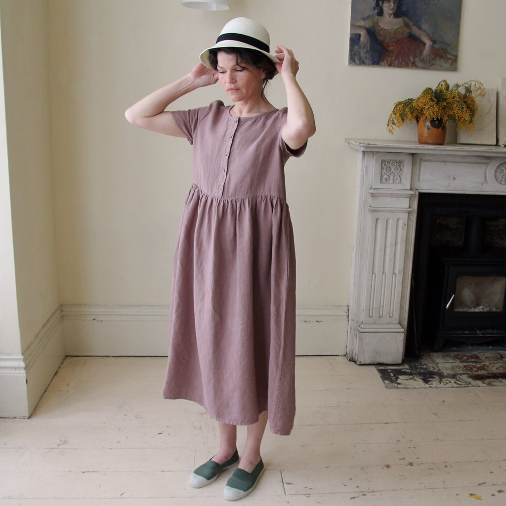 Handmade front button linen dress in Dusky Lavender with summer hat