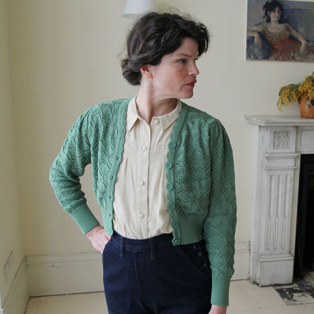 Cropped Cotton Cardigan in Green