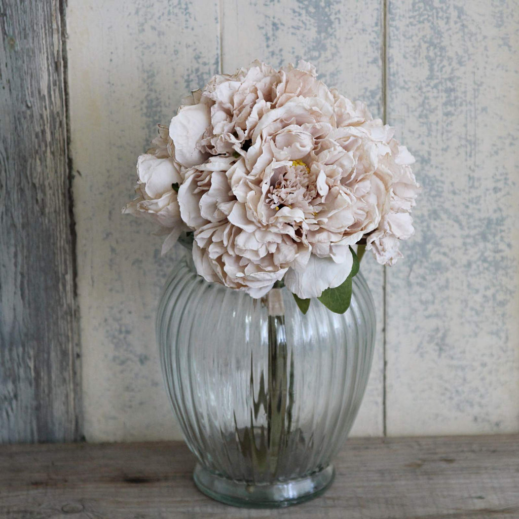 Silk Flower - Dried Peony Bunch - Oyster in a glass vase