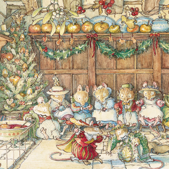 Gathered Around the Hearth - Brambly Hedge traditional Christmas card pack, vintage Christmas card