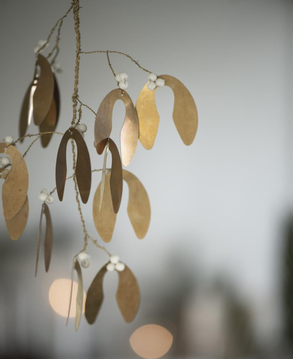 Large Gold Mistletoe & White Beads. This beautiful vintage hanging Christmas decoration