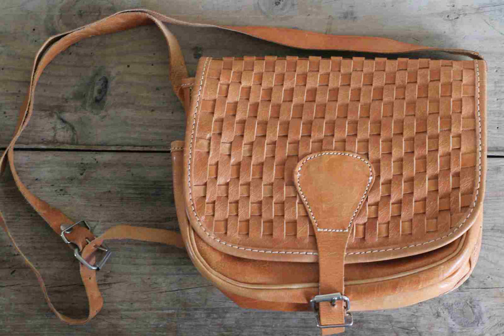 Vintage Leather Bag - Woven Saddle Bag
