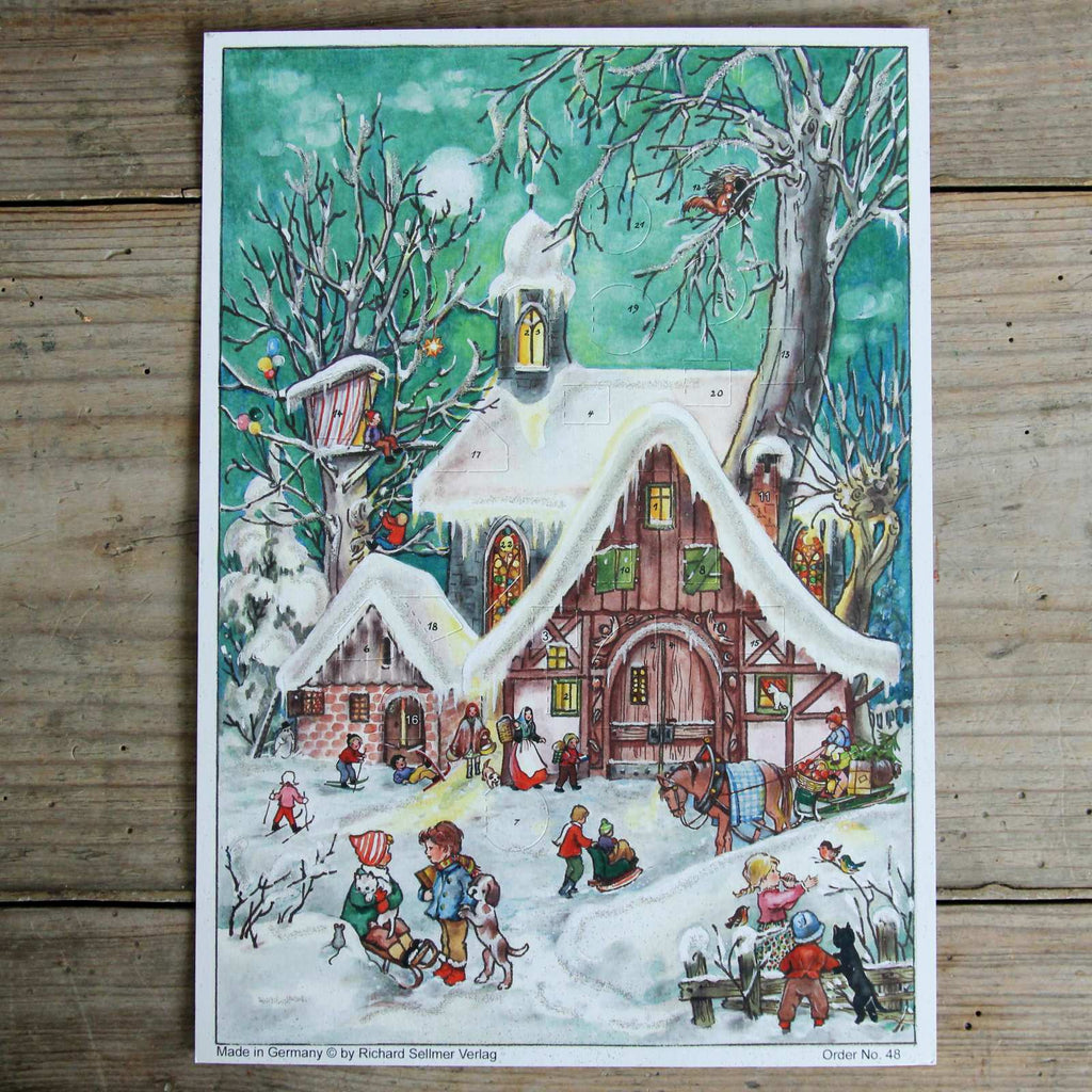 Traditional advent calendar 'Snowy Village' with glitter