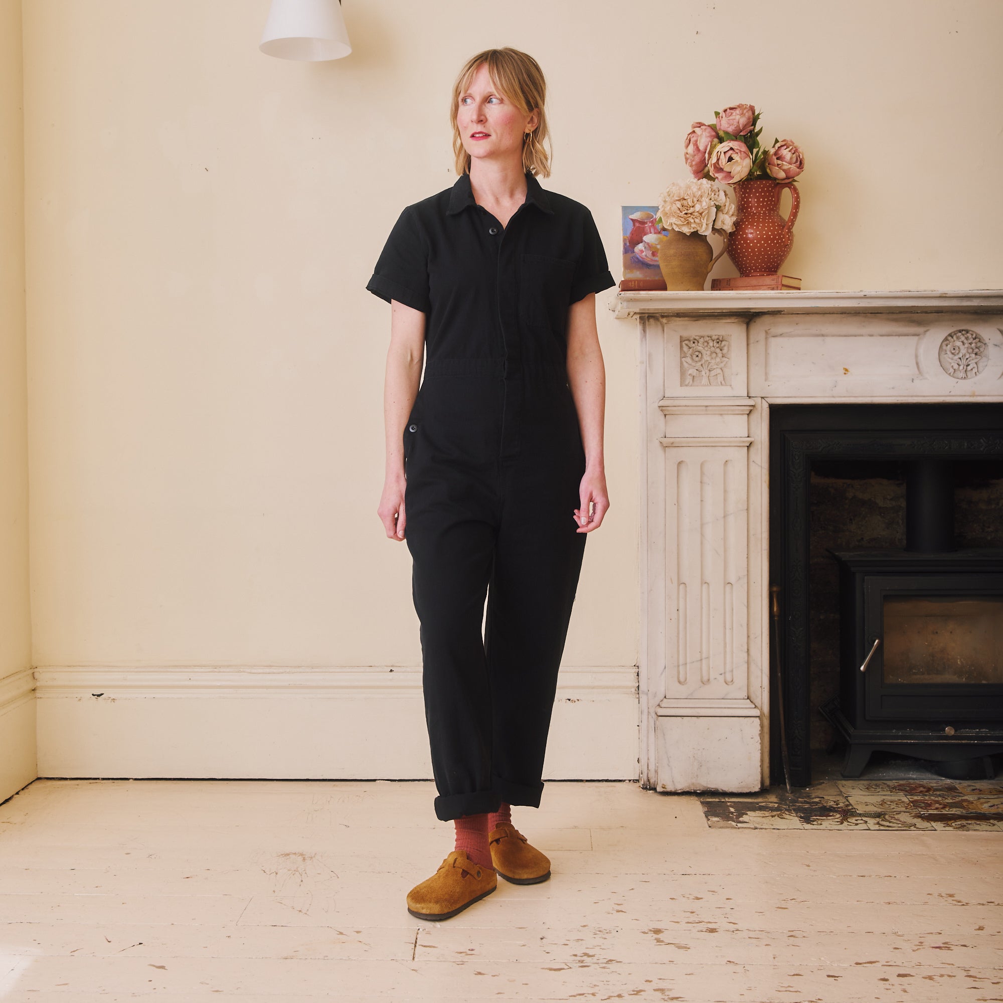 Short sleeved Herringbone Workwear Jumpsuit - Black