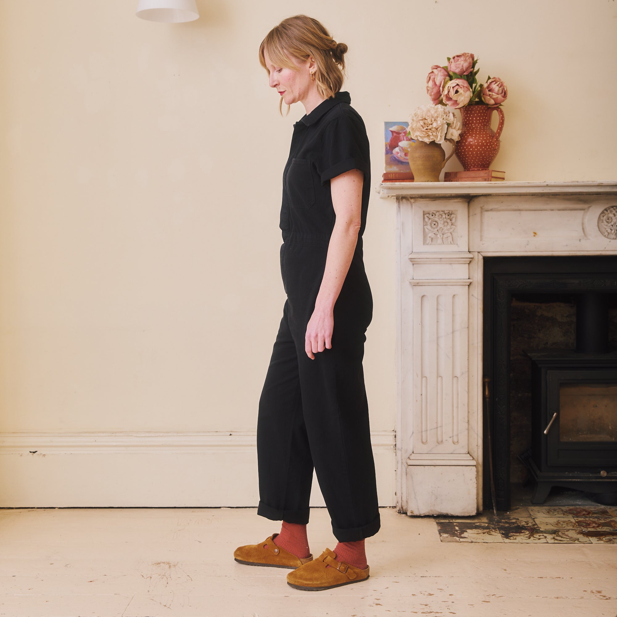 Short sleeved Herringbone Workwear Jumpsuit - Black