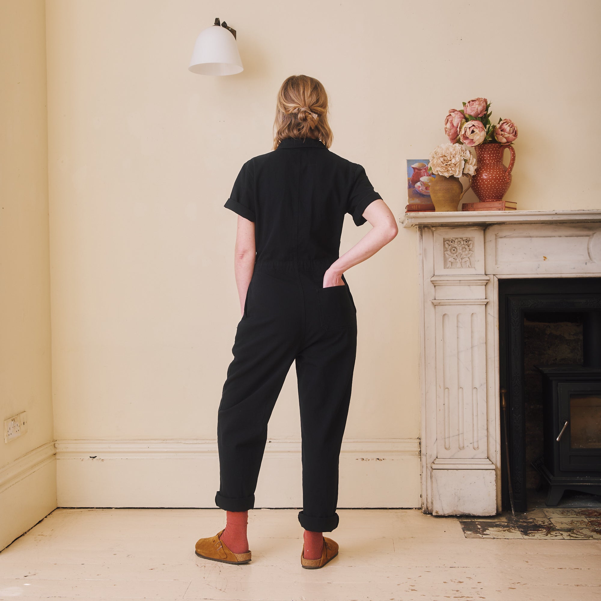 Short sleeved Herringbone Workwear Jumpsuit - Black