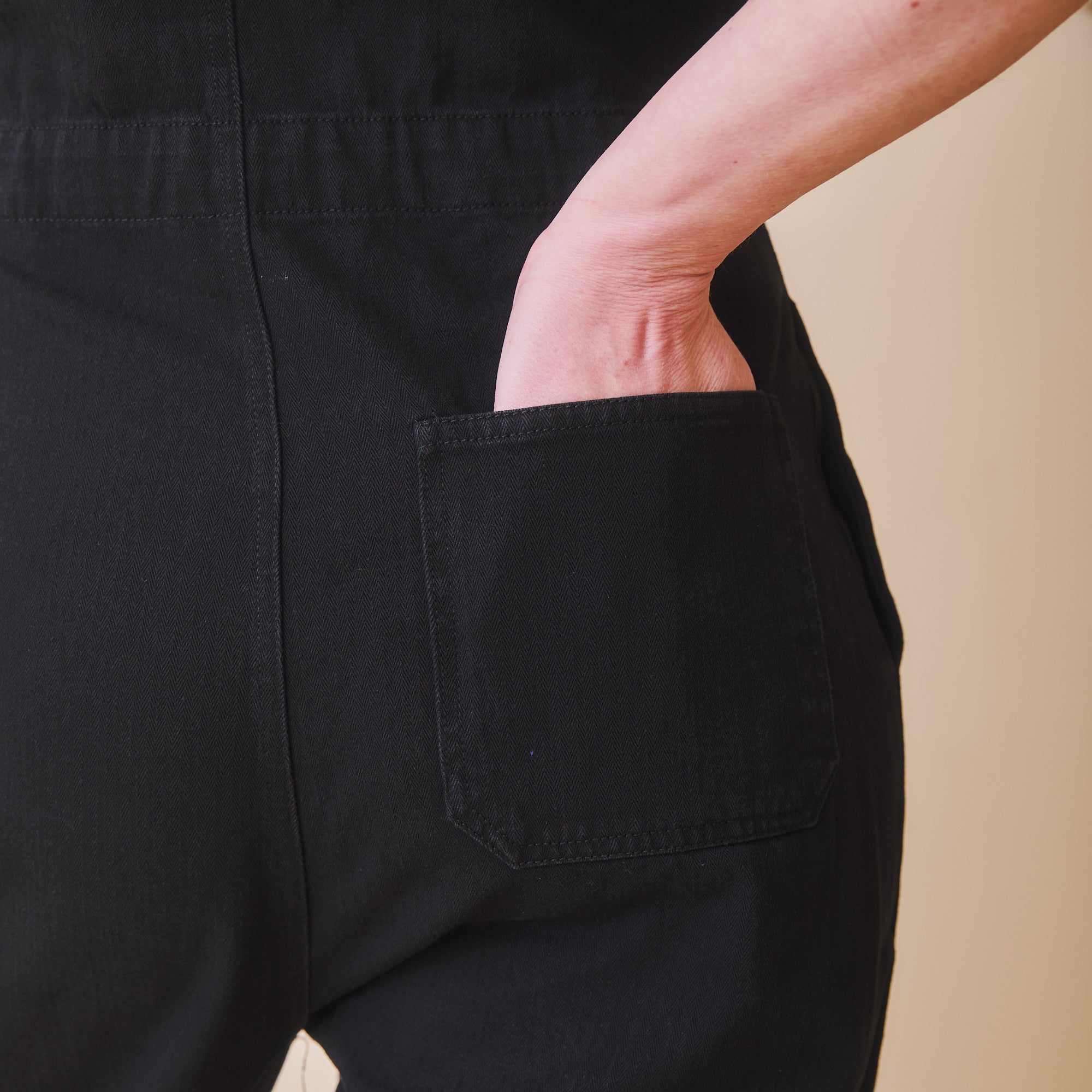 Short sleeved Herringbone Workwear Jumpsuit - Black