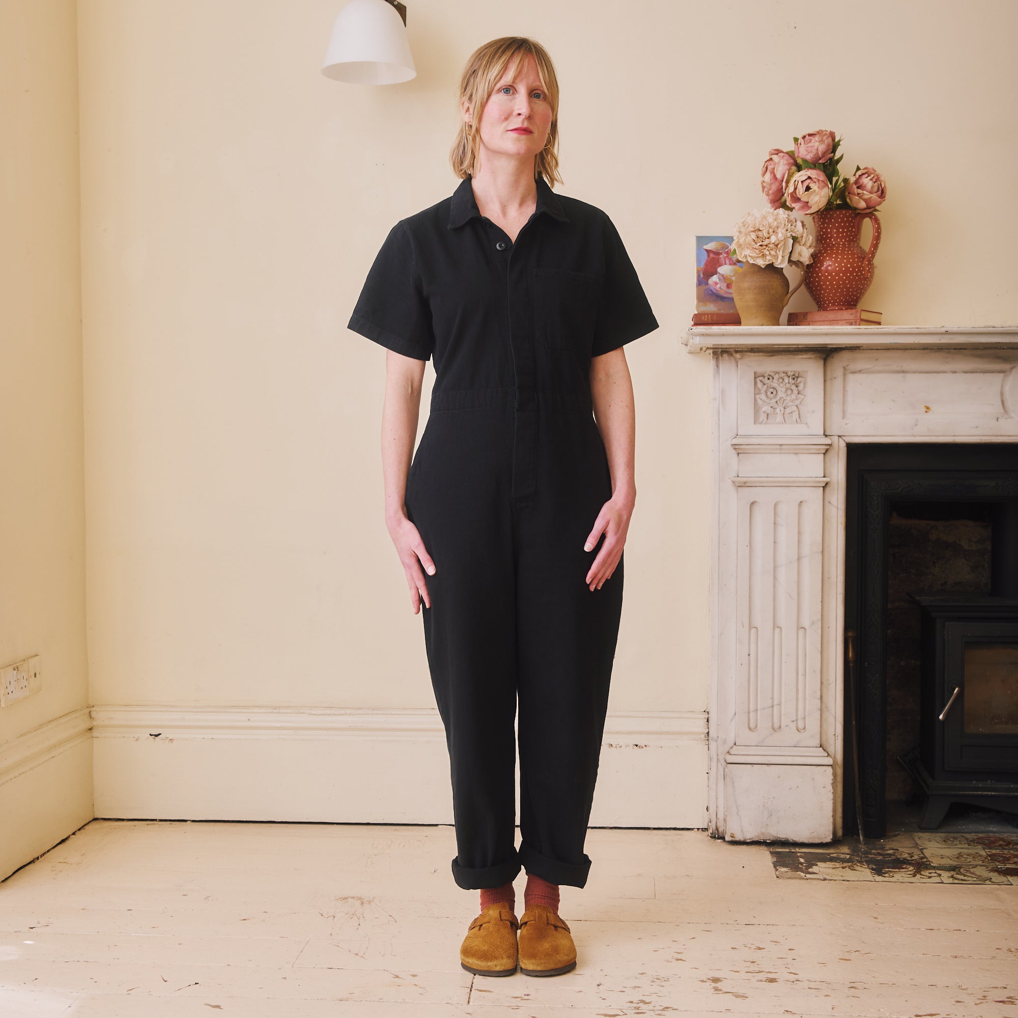 Short sleeved Herringbone Workwear Jumpsuit - Black