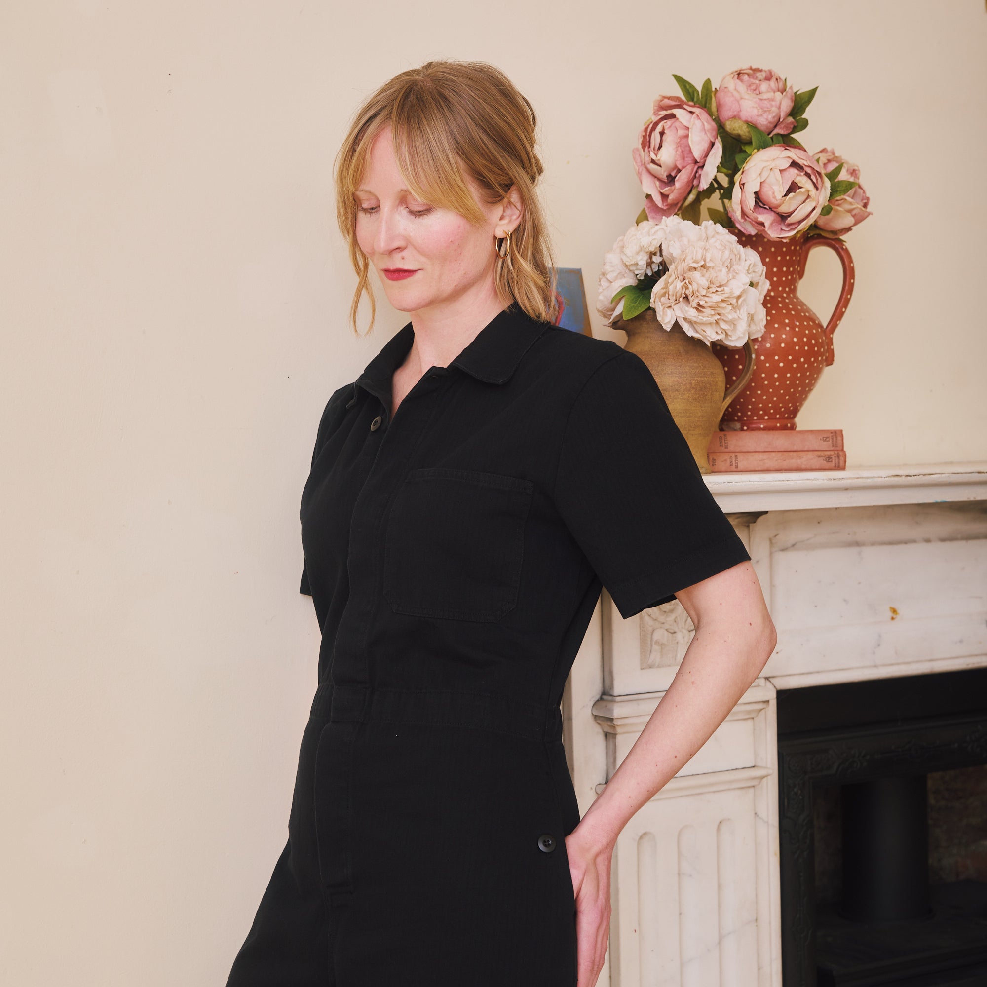 Short sleeved Herringbone Workwear Jumpsuit - Black