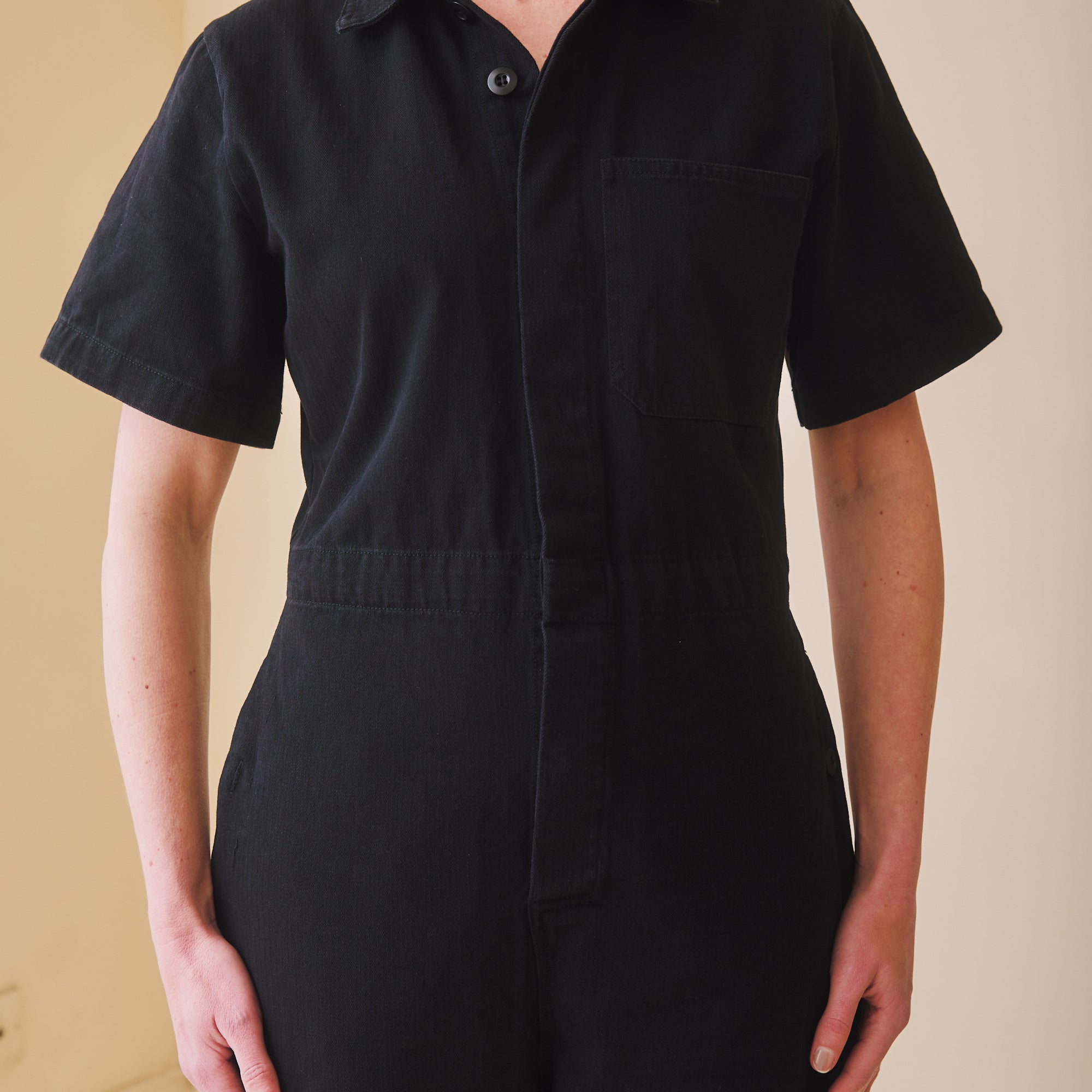 Short sleeved Herringbone Workwear Jumpsuit - Black