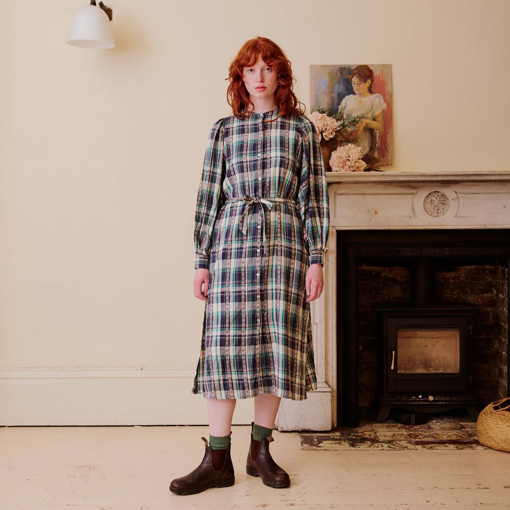 Belted Plaid Shirt Dress - Navy & Green