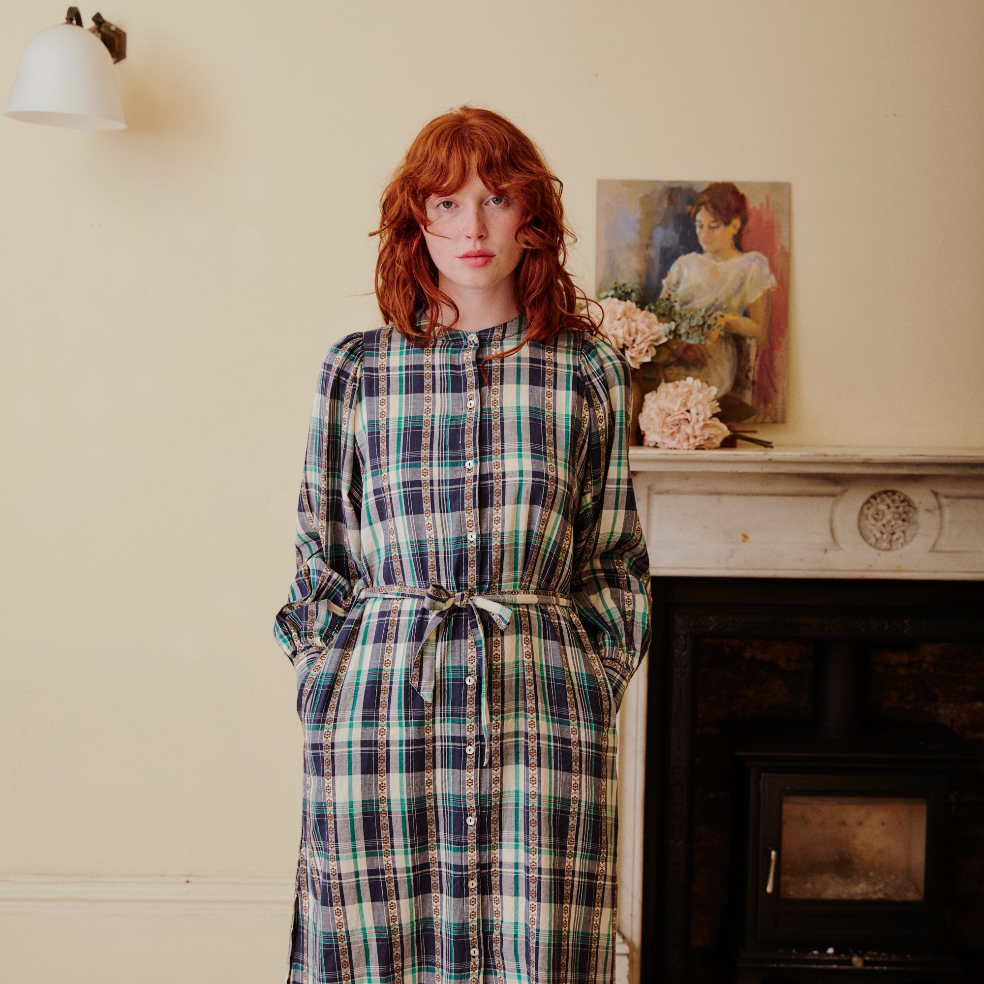 Brushed cotton Plaid Dress - Navy and Green