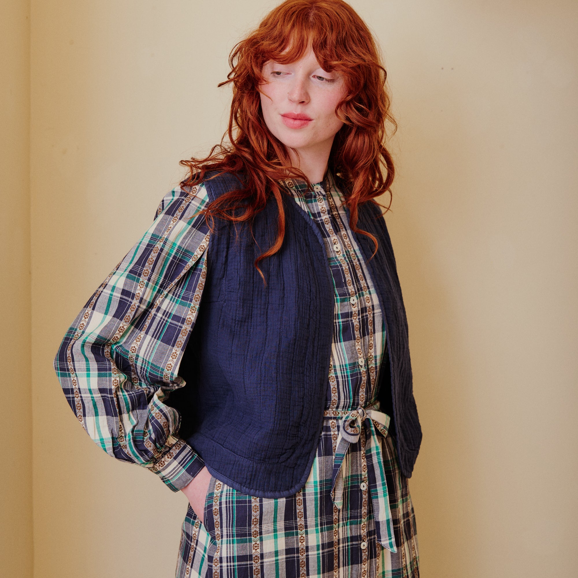 Tartan dress with navy waistcoat